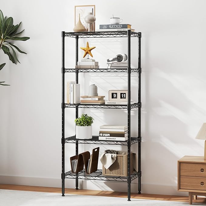 NEWBULIG 5-Tier Metal Wire Storage Shelves, Adjustable Heavy Duty Steel Shelving Unit, Freestanding Storage Rack Organizer for Kitchen, Pantry, Garage, Bathroom, 23.2" W x 13.4" D x 59.8" H, Black