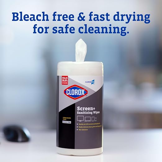 CloroxPro Clorox Screen+ Sanitizing Wipes, Disinfecting Wipes for Electronics, Gentle on Phones, Tablets, LCD Screens, Laptops and Sensitive Surfaces, Citrus Blend Scent, 1 Canister, 75 Wipes