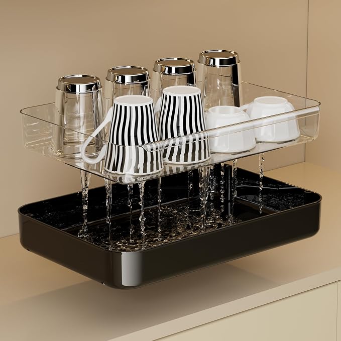 UFORU Countertop Coffee Station Organizer,Cup Rack,Mug & Wine Glass Holder | 2-Tier Black Mug Shelf with Removable Drain Tray,Bathroom Countertop Organizer,Spice Rack for Kitchen