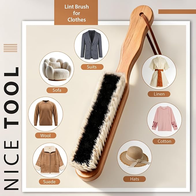 3 Pcs Clothes Brush Set Includes Garment Brush, Cleaning Comb and Lint Remover, Clothes Brushes Comb for Suit Coat Sweaters Suit and Silk, Black & White Horsehair Bristle
