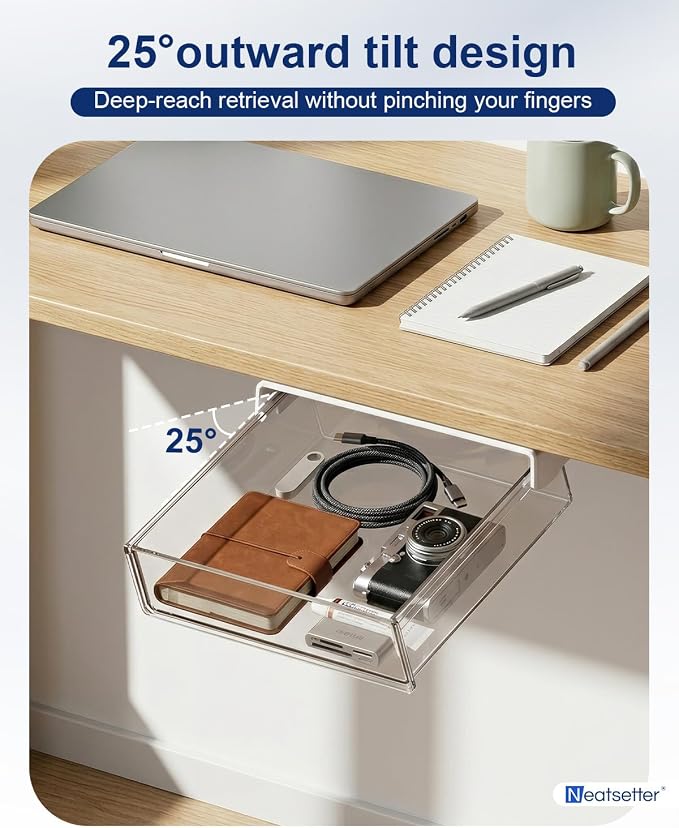 Clear Storage Drawer – 25° Tilted Front, Self-Adhesive Organizer for Bathroom, Kitchen & Office (Large)