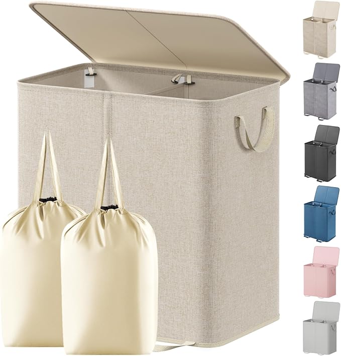 Lifewit Double Laundry Hamper with Lid and Removable Laundry Bags, Large Collapsible 2 Dividers Dirty Clothes Basket with Handles for Bedroom Laundry Room Closet Bathroom College, 136L Beige