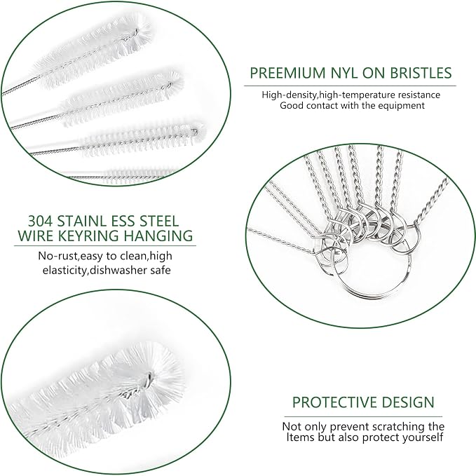 CiaraQ Bottle Cleaning Brushes, 8 Inch Nylon Tube Brush Set | White Cleaner for Narrow Neck Bottles Cups with Hook, Set of 13pcs, White