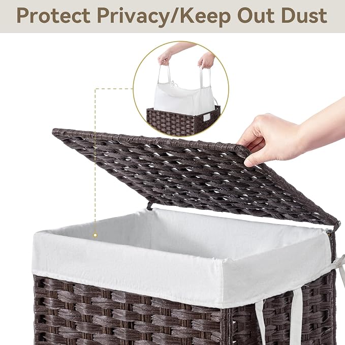 Chrislley Wicker Laundry Basket with Wheels,Rolling Laundry Hamper with Lid | 90L Slim Clothes Hamper with Wheels & Removable Liner Bag, Handwoven Rattan Laundry Organizer for Bedroom, Bathroom, Brown