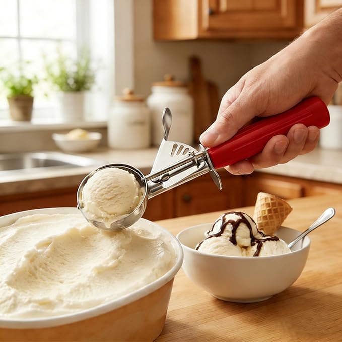 TOPKITCHEN Commercial-Grade Ice Cream Scoop 1.33 oz, 18/8 Stainless Steel Cookie Scoop with Plastic Handle, Portion Control Disher Scoop for Bakeries, Restaurants & Dessert Shops, #24, Red
