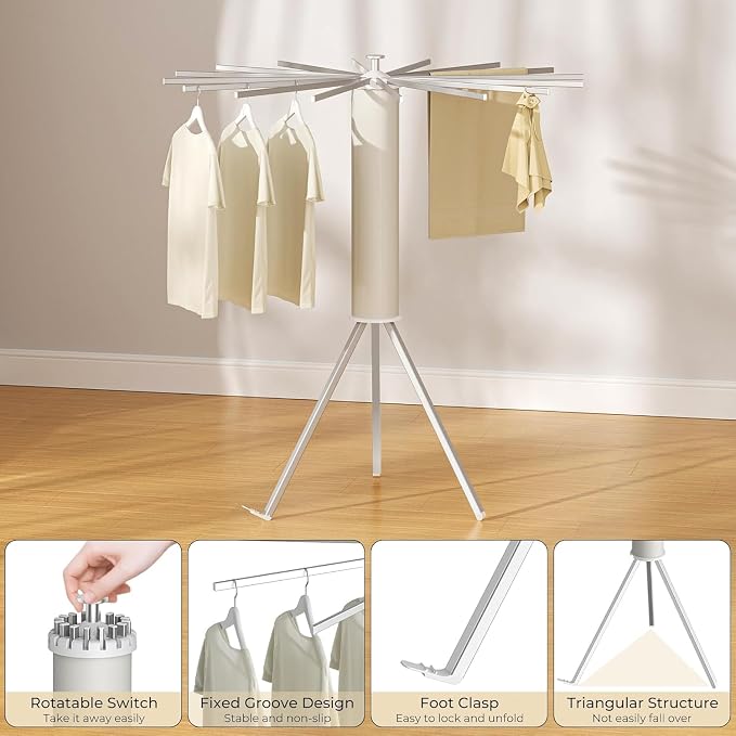 Aluminum Tripod Clothes Drying Rack, Foldable Portable Garment Stand, Space Saving Laundry Drying Stand for Clothes, Indoor Outdoor Balcony Bedroom Laundry Organizer