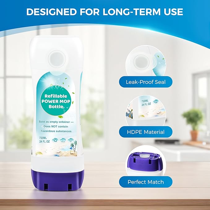 Refillable Bottle for Swiffer® Power Mop™ - 720 ML/24 FL OZ - Leak-Proof HDPE Material Solution Bottle, 1 Empty Bottle + 6 Silicone Pads + 1 Foldable Funnel