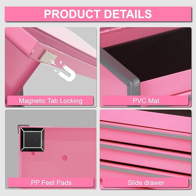 P.I.T. Mini Pink Tool Box, Portable 3 Drawer Steel Stackable Tool Box with Magnetic Tab Locking, Pink Micro Top Chest with Liner for Tools Storage and Organizers, Home DIY