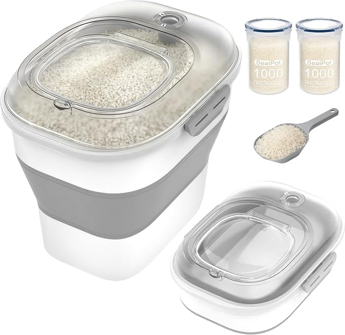 HOYTAMDAR 50Lbs Collapsible Rice Container,Airtight Food Storage container | Clear Lid Rice Storage Container with Double Seal,Wheel,Date Tracker,2pcs Bins&Scoop,Rice Dispenser for Pet Food Rice Flour