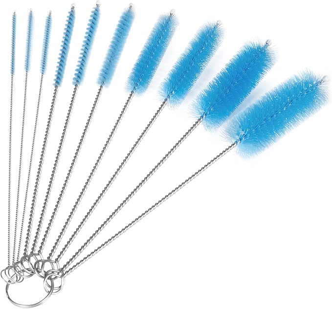 CiaraQ Bottle Cleaning Brushes, 8 Inch Nylon Tube Brush Set | Blue Cleaner for Narrow Neck Bottles Cups with Hook, Set of 10pcs.