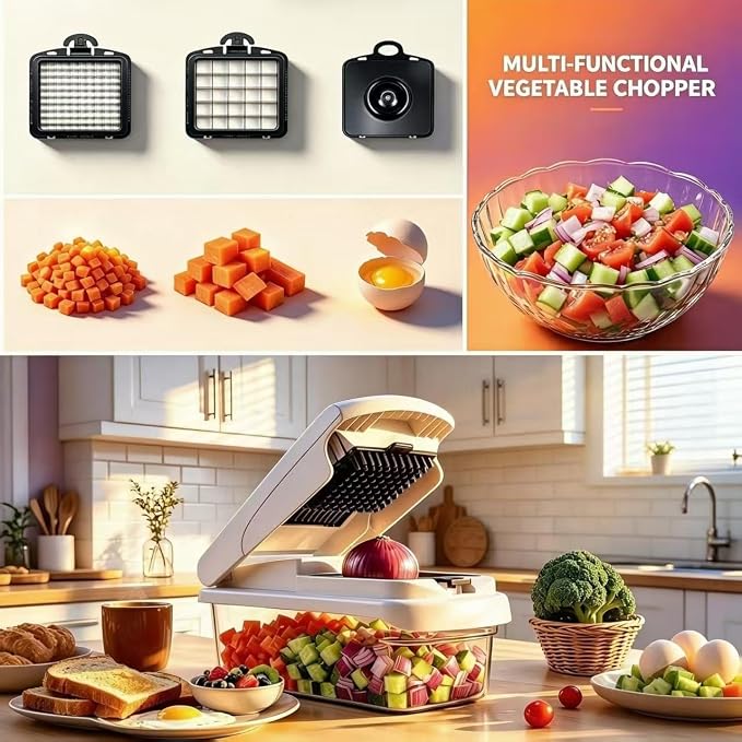 Laxeqohck12 in 1 Vegetable Chopper with Container, Stainless Steel Blade Onion Dicer, Safe Hand Guard Mandoline Slicer, Multifunctional Potato Grater Cutter for Kitchen Meal Prep Salad Making (white)
