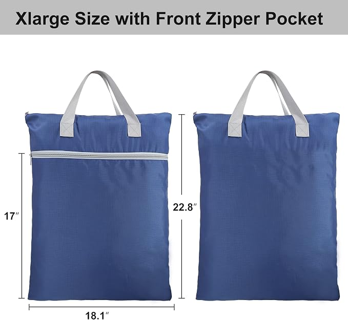 BeeGreen Navy Blue Hanging Laundry Hamper with Strap & Two Zippered Pockets Travel Laundry Bag for College Dorm Travel Day Trip Swimsuit Bathsuit