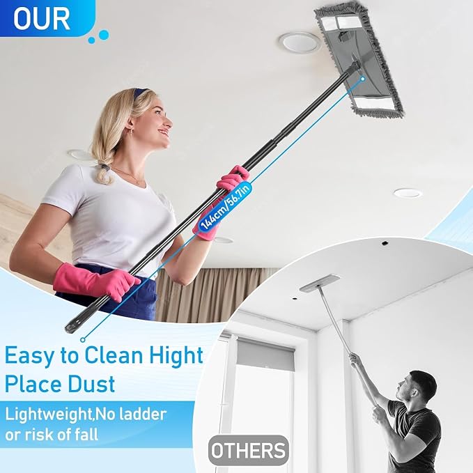 19" Wall Cleaner Mop with Long Handle for Wall Ceilings Floor Cleaning | Large Wall Duster Mop/ Microfiber Chenille Reusable Pads/Dry Wet Use for Painted Walls/Floor/ Baseboard/ Ceiling