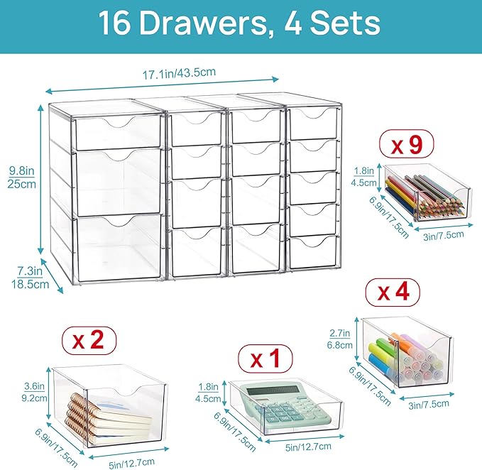 Vtopmart 4 Set Acrylic Desk Organizer with 16 Drawers for Office, Makeup | Clear Storage Drawers for Office Supplies, Desktop Organization for Makeup, Jewelry, Art Crafts, Bead, Pen, Stationary