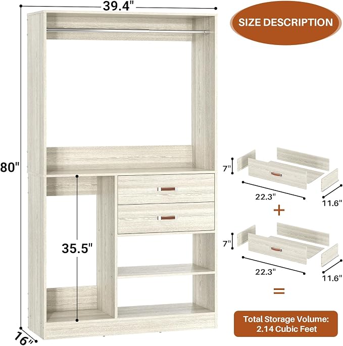 Armocity Freestanding Closet System with Suitcase Storage, 40 Inches Stand-Alone Wardrobe with 2 Wood Drawers, 80'' Height Adjustable Cloth Garment Rack, Walk-in Closet with Hanging Rod, White Oak