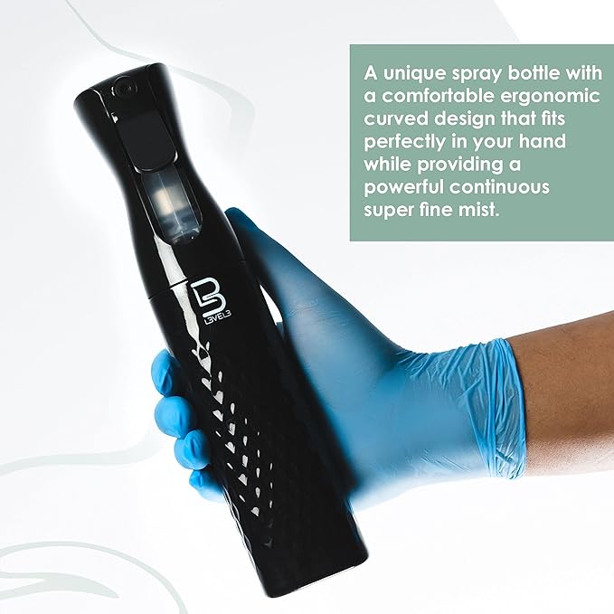 L3 Beveled Spray Bottle - Continuous Spray with a Fine Mist Pattern - Barber and Hair Stylist Supplies - Less Hand Fatigue Compared to Standard Bottles - Level Three Barber Spray - 300 ml (Black)