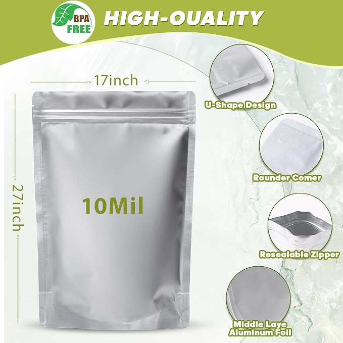 10pcs 5 Gallon Mylar Bags for Food Storage with Oxygen Absorbers and Labels | 17x27 Inch Zipper Pouches Resealable Extra Thick 10 Mil for Long Term Food Container Sets,Heat Sealable