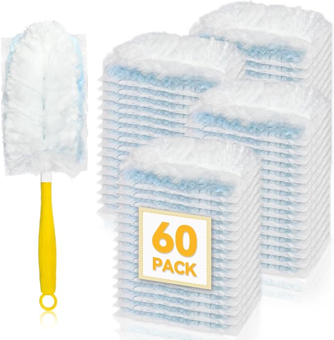 60 Pack Dusters Refills Compatible with Swiffer Duster Handle Models, 180° | One Sided Duster Refills for Short and Extendable Handles, Desktop Dust Cleaning Tool, Dusters Handle Refills, 1 Pack Handle