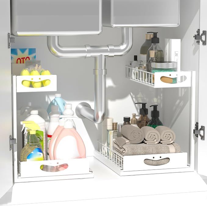 Under Sink Organizer with Pull-Out Drawers,Kitchen Sink Organizer,2 Tier Bathroom Organizers And Storage,Bathroom Accessories Set,White 2 Pack