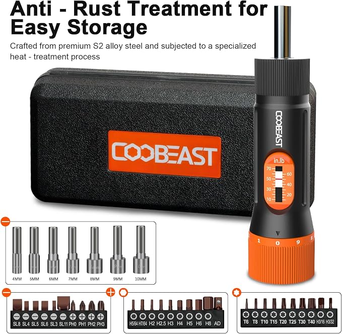 coobeast 38Pcs Preset 1/4” Drive Torque Screwdriver with S2 Bits | Torque Wrench Screwdriver Set,for Maintenance,Tools,Bike Repairing,Mounting,Inch Pound Torque Range 10-70 In-lb