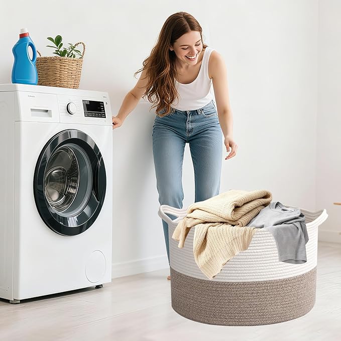 90L Extra Large Blanket Basket,Rope Woven Storage Basket with Handles, Laundry Hamper for Toys, Clothes, Pillows & Towels, Perfect for Living Room, Nursery & Bedroom, White & Brown