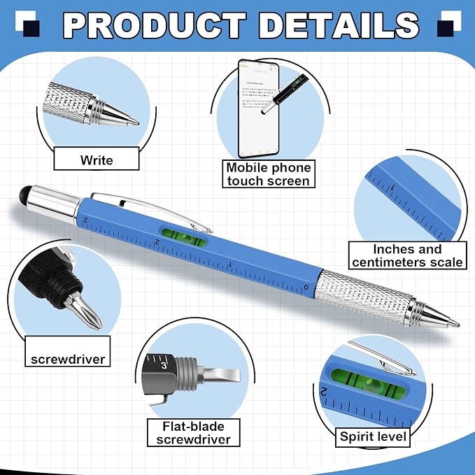 Zhanmai 16 Pcs 6 in 1 Multitool Pen Bulk Gift for Men Multi Tool Pen with Ruler Level Screwdriver Stylus Cool 40 Ink Refill Tool Gadget Birthday Christmas Stocking Stuffers (Black Gray Silver Blue)