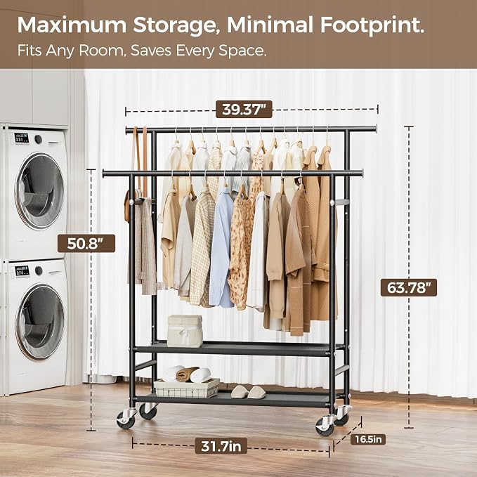 HYSEYY Clothes Rack,Double Rods Rolling Clothing Rack for Hanging Clothes,Portable Garment Rack with 2-Tier Storage Shelves,Free Standing Wardrobe Closet Coat Rack on wheels for Bedroom,Laundry Room