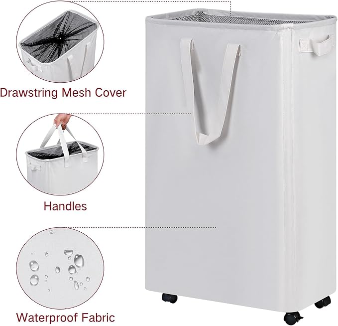 efluky Slim Laundry Hamper with Wheels, Rolling Laundry Basket for Clothes, Small Laundry Basket for Bedroom, Dorm and Laundry Room, 75L (19.8 Gallons) White