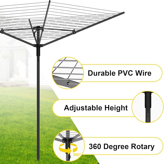 BAKON Heavy Duty Clothesline Outdoor,40M Rotary Adjustable Tension Umbrella Drying Rack, Anti-Sag Line for Large Clothes Bedding for Backyard Lawn Patio RV Camping