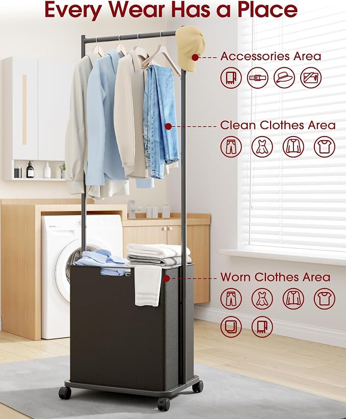 Clothes Rack - Space-Saving Clothing Rack for Hanging Clothes with Removable Laundry Basket, Reinforced Metal Garment Hanger with Wheels, Laundry Cart for Laundry, bathroom, 16.6"x12.6"x68.9", Black