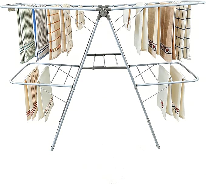 Clothes Drying Rack, Foldable 2-Level Laundry Racks for Drying Clothes Rack,Stainless Steel Drying Rack Clothing Collapsible for Indoor Outdoor,with Height-Adjustable Wings,Gray