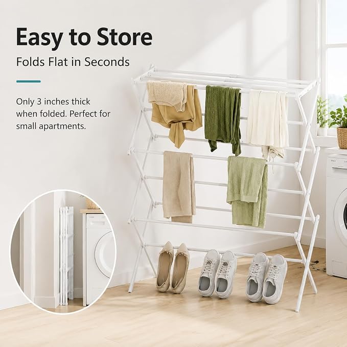 Drying Racks 3 Tier Expandable Clothes Airer Collapsible Clothes Drying Rack, Space-Saving Laundry, Hanging Clothes Indoors & Outdoors, Lightweight, Compact, Folds Away for Convenient Storage,White