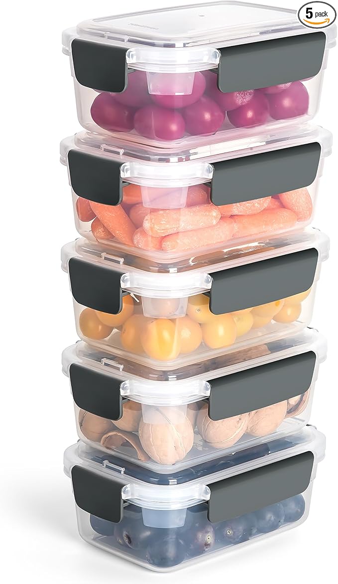 YORY 3cup Plastic Food Storage Containers With Lids For Portion Control,5pk | BPA free,Stackable and Nestable,Snaplock Lid ,Freezer Dishwasher Microwave Safe