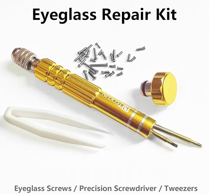 PTSLKHN Eyeglass Repair Kit, S2 Steel Screwdriver with 15 Types of Screws, Precision Eye Glass Repair Tool Set (Gold2in1-screws)