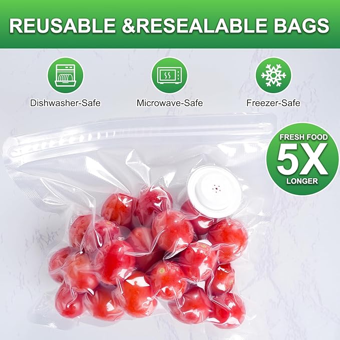 Higfra Reusable BPA Free Vacuum Sealer Bags (11 * 10in), 30 Pcs & 2 Seal Clips, Upgraded Valve Plastic, Clear, Double Zipper Seal, Microwaveable, Food Storage, Cooking
