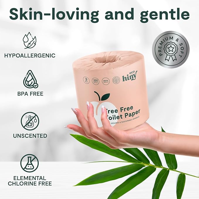 ecoHiny Premium & Soft Bamboo Toilet Paper | PFAS Free | 12 Mega Rolls, 3 ply & 350 Sheets | Non Toxic, FSC Certified, Septic Safe, BPA Free | Tree Free Toilet Tissue | Plastic Free Packaging