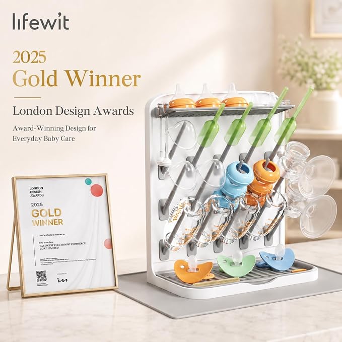 Lifewit 15-Hooks Baby Bottle Drying Rack with Drain Mat for Countertop | Vertical Bottle Storage Organizer, Stand-Up Dryer Holder for Pacifiers, Pump Parts, Baby Stuff, Newborn Essentials Must Haves