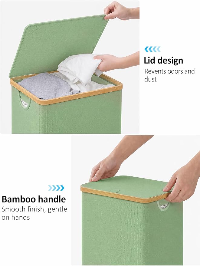 IEGrow Laundry Hamper with Lid,110L Laundry Basket with Mesh Bag,Green | Dirty Clothes Hamper Basket with Bamboo Handle for Clothes Towels Organization
