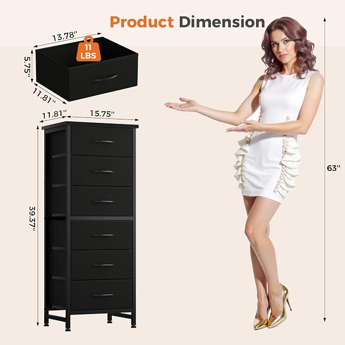 Sweetcrispy Tall Fabric Dresser for Bedroom, 6 Drawer Chest of Drawers | Narrow Storage Tower with Wood Top and Metal Frame, Vertical Nightstand for Closet, Bedroom Organization Furniture, Black