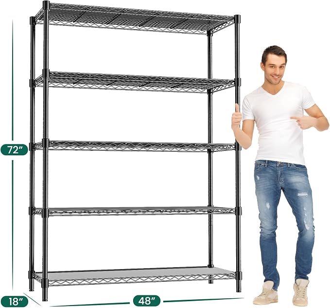 48" W Garage Shelving 1875LBS Heavy Duty Wire Shelving Unit, Metal 5-Tier Adjustable Steel Storage Rack with Liners, Storage Tote Rack, 48" W x 18" D x 72" H for Garage Commercial, Black