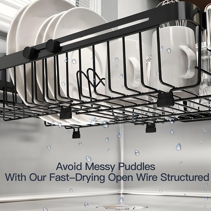 MAJALiS Dish Drying Rack Over The Sink with Utensil Holder | Expandable Stainless Steel Dish Drainer for Small Kitchen, Apartment, RV, Counter Space Saving, Perfect Fit, Rustproof
