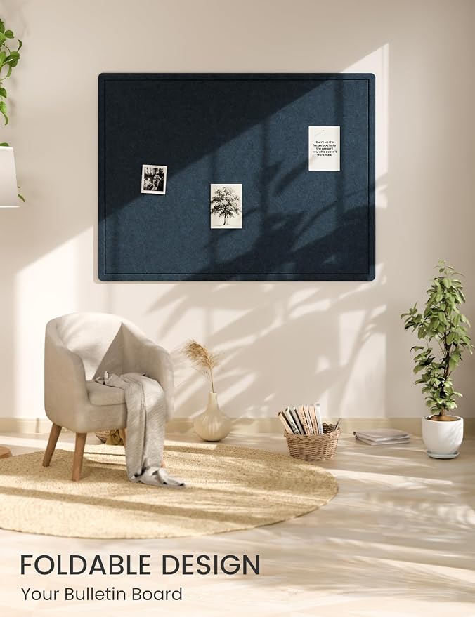 Fluxynara 47.2" x 35.4" Large Bulletin Board, Carbon Blue | Cork Board Alternative with 24 Removable Adhesive Tabs, Foldable Felt Pin Board for Home, Office, Classroom & Dorm