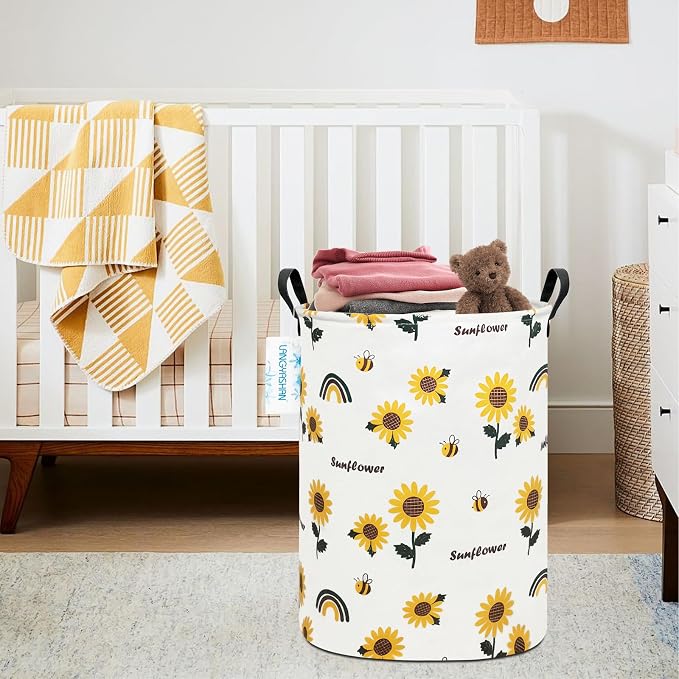 Round Laundry Basket Collapsible Storage Hamper Organizer Sunflower | Waterproof Canvas Foldable Baskets with sturdy Handles Multi-scene Organizer for Home Play Bedroom Gift Bin