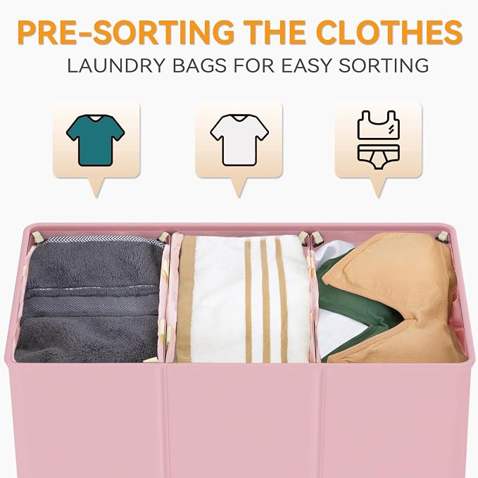WOWLIVE 180L Laundry Hamper 3 Section, Large Laundry Basket with Lid | Dirty Clothes Hampers with Removable Bags and Handles, Collapsible Laundry Basket Organizer for Dorm Room, College, Pink