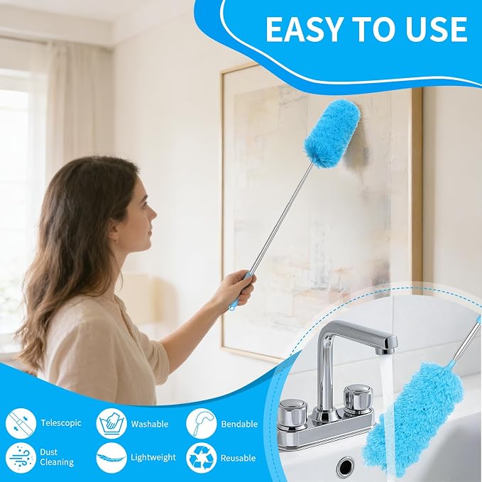2 Pack Microfiber Duster for Cleaning, Washable Hand Dusters with Extendable Pole, Cleaning Supplies for Office, Car, Furniture, Ceiling Fan