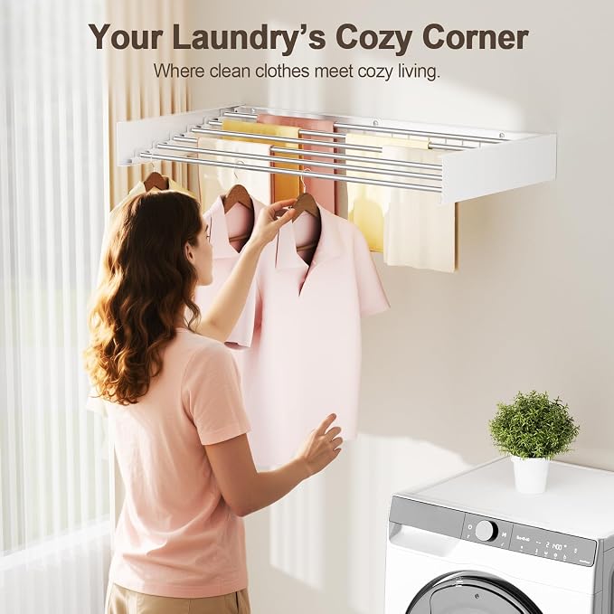 Wall Mounted Clothes Drying Rack Folding Indoor, Foldable Laundry Drying Rack Collapsible,Invisible, Space Saving, Retractable Towel Drying Rack, with Wall Template(6 Drying Rods, White 40")