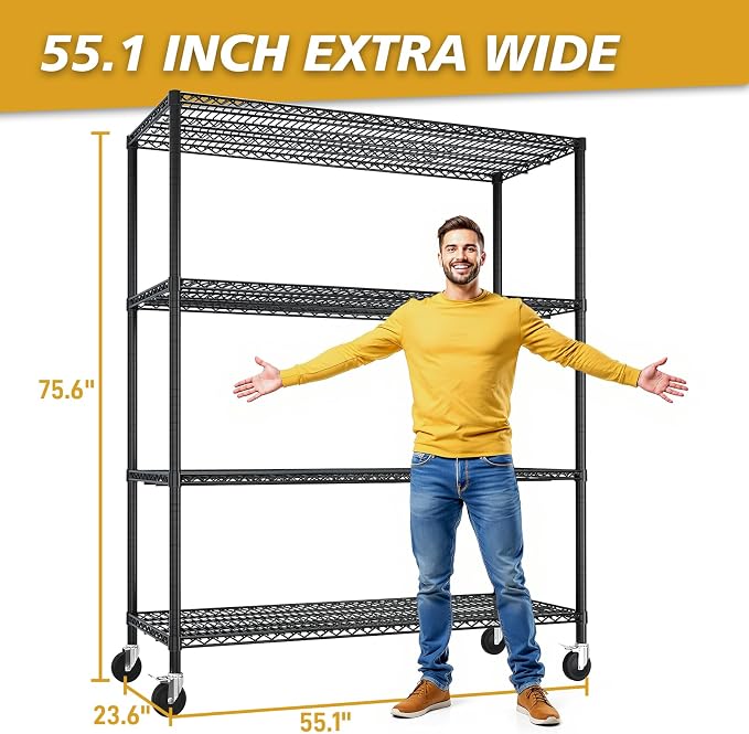 Karl home Heavy Duty 4-Tier Storage Shelving, Black Adjustable Metal Rack | 2500LBS Capacity Wire Storage Shelving Unit, 75.59"H x 55.12"W x 23.62"D, Multipurpose Organizer for Garage, Kitchen