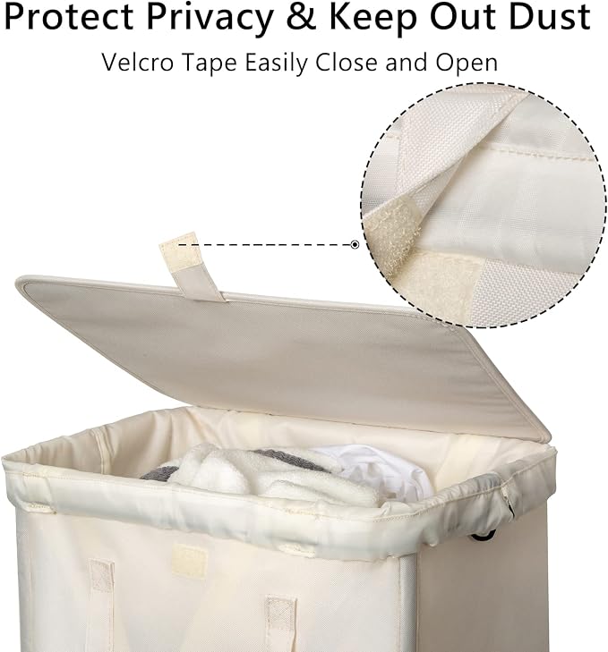 WOWLIVE 100L Laundry Hamper with Lid, Tall Dirty Laundry Basket for Dorm | Large Collapsible Dirty Clothes Hamper with 2 Removable Bags and Handles for Laundry Room, College Dorm, Beige