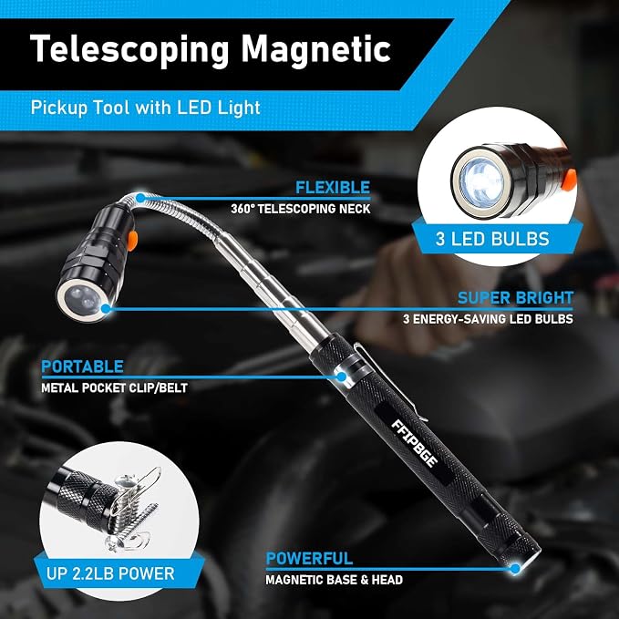 Magnet Pickup Tool with Telescoping Magnetic Flashlight and 6 in 1 Multitool Pen with Rulers, Bubble Level, Screwdrivers, Ballpoint, Fathers Day Dad Gifts, Birthday Gifts for Men, Dad, Husband | Magnetic Flashlight & Multitool Pen with Rulers, Bubble L...