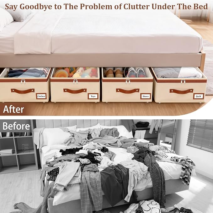 Dolicer 4 Pack Under Bed Storage with Wheels, 6in-10in Height Adjustable Underbed Storage Containers, 92L XXXL Under Bed Drawers Rolling Bin with Clear Lids for Dorm Shoes Clothes Organizers(Beige)
